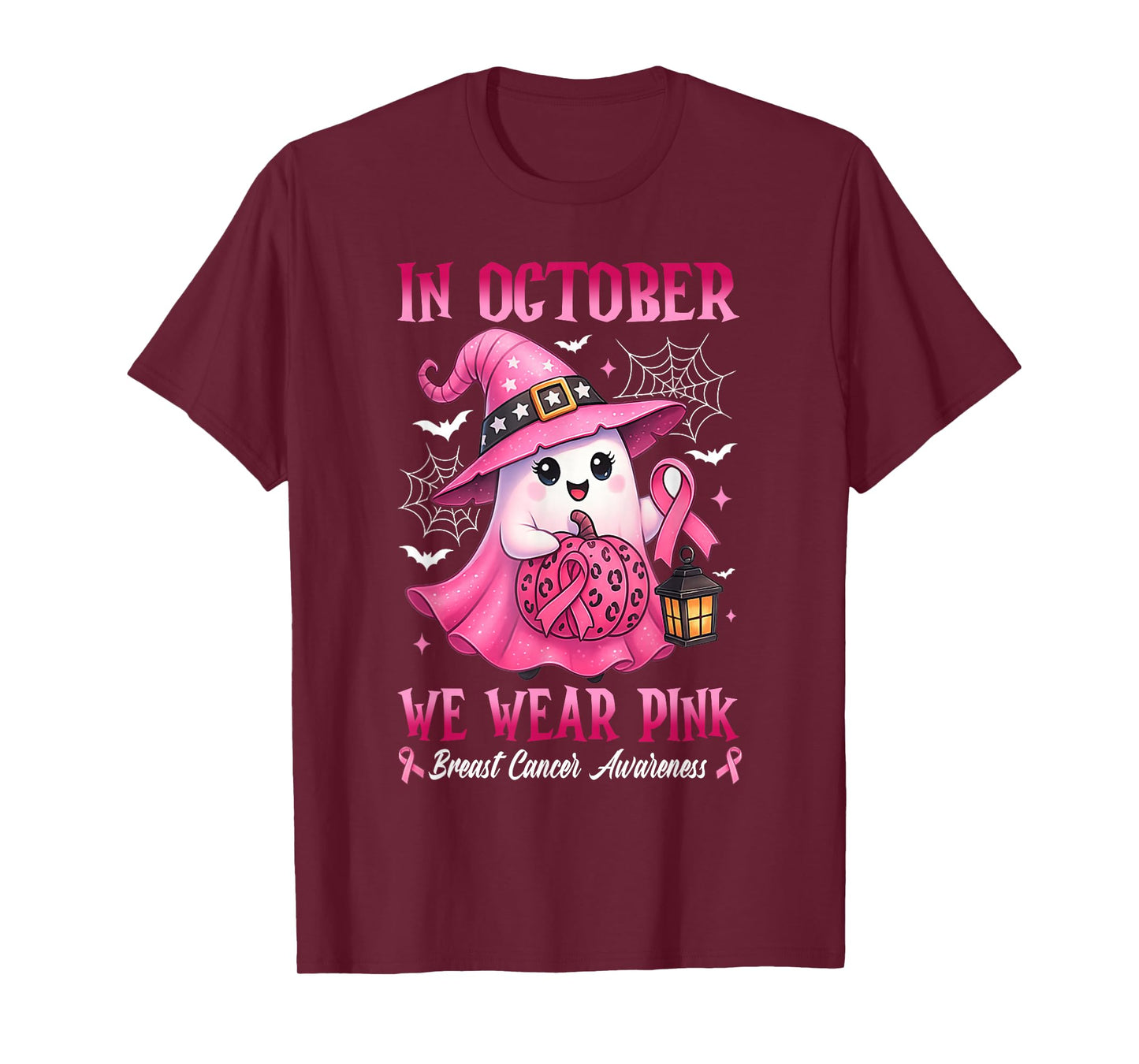 in October We Wear Pink Ghost Witch Breast Cancer Awareness T-Shirt