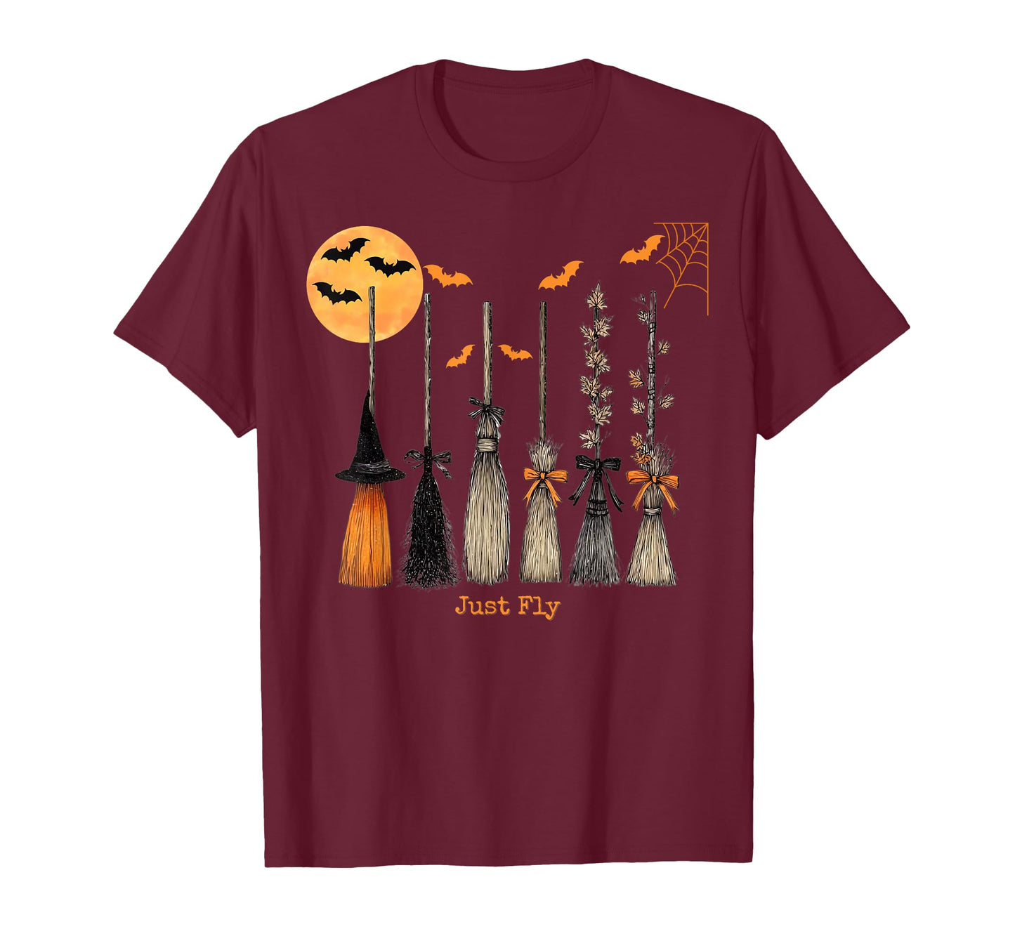 Halloween Witches Broomsticks Just Fly Spooky Bats Moon T-Shirt