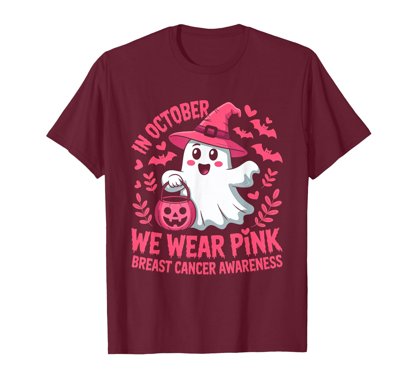 in October We Wear Pink Ghost Breast Cancer Women Halloween T-Shirt