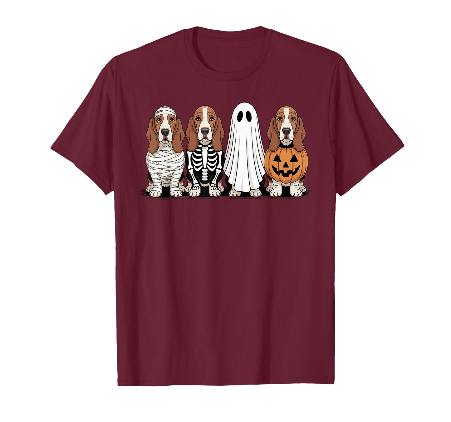 Spooky Ghost Basset Hound Pumpkin Halloween Dog Skeleton T-Shirt