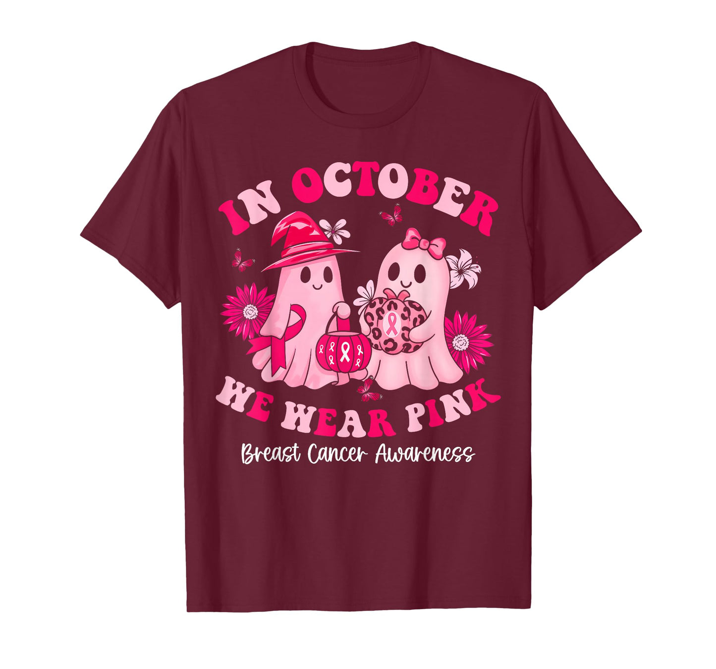 in October We Wear Pink Ghost Witch Breast Cancer Awareness T-Shirt