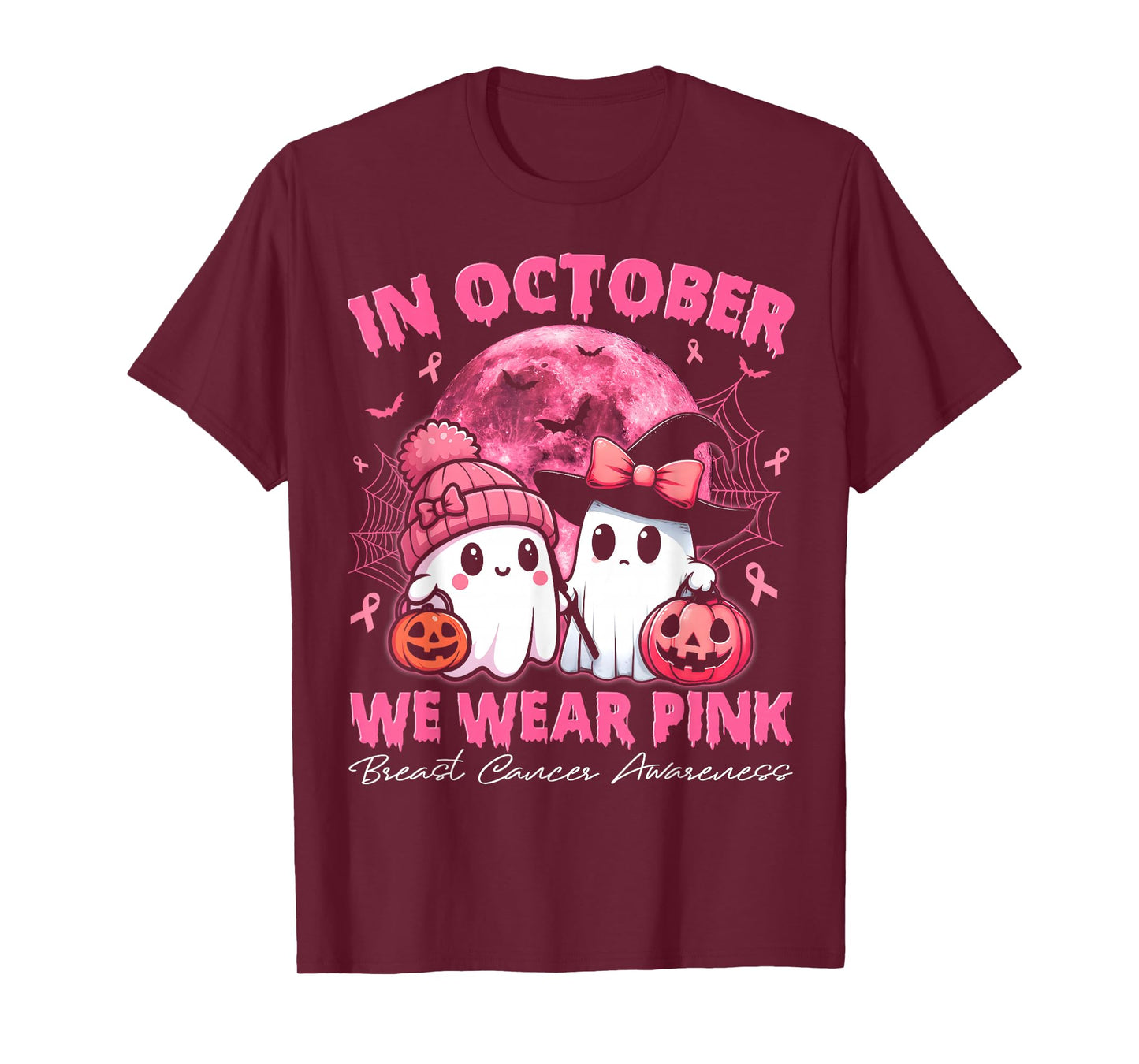 in October We Wear Pink Ghost Witch Breast Cancer Awareness T-Shirt