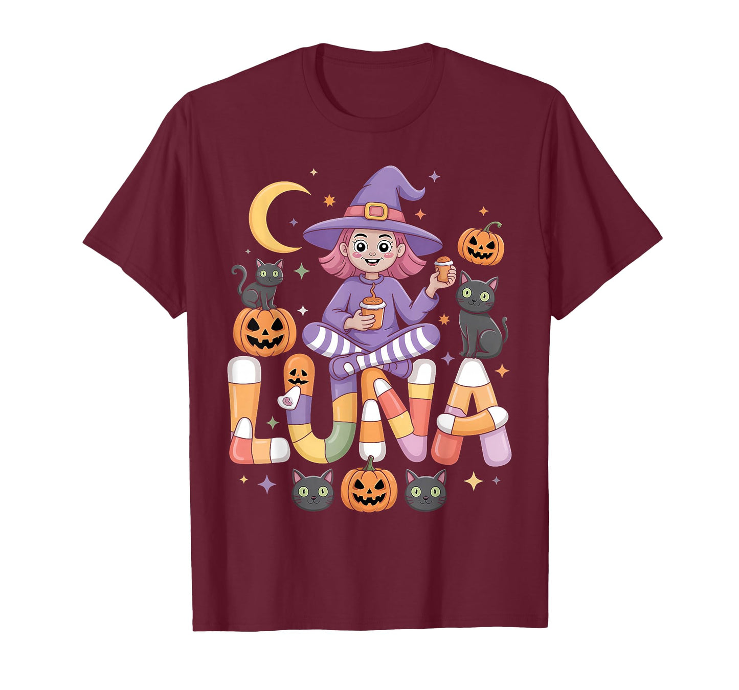 Luna Witch Candy Corn Cat Halloween Women and Girls T-Shirt