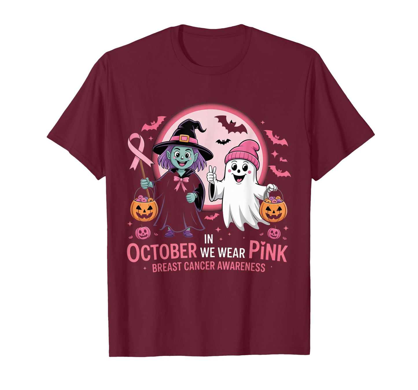 in October We Wear Pink Ghost Witch Breast Cancer Awareness T-Shirt