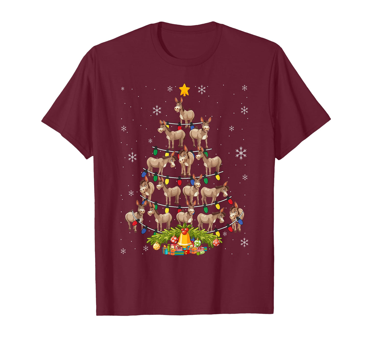 Donkey Christmas Tree Santa Hat Lights Xmas T-Shirt
