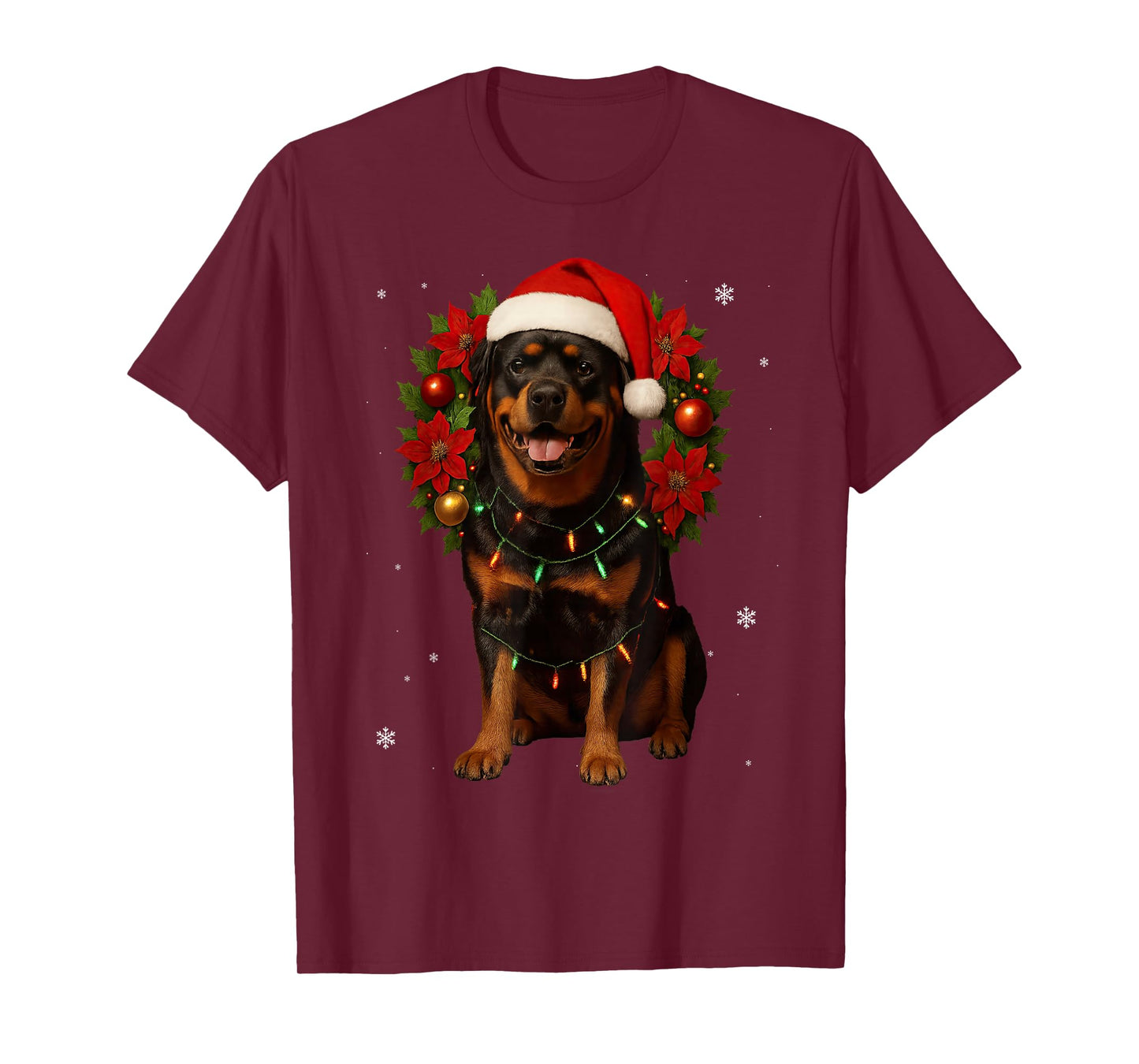 Christmas Rottweiler Festive Wreath Lights Xmas Santa Dog T-Shirt