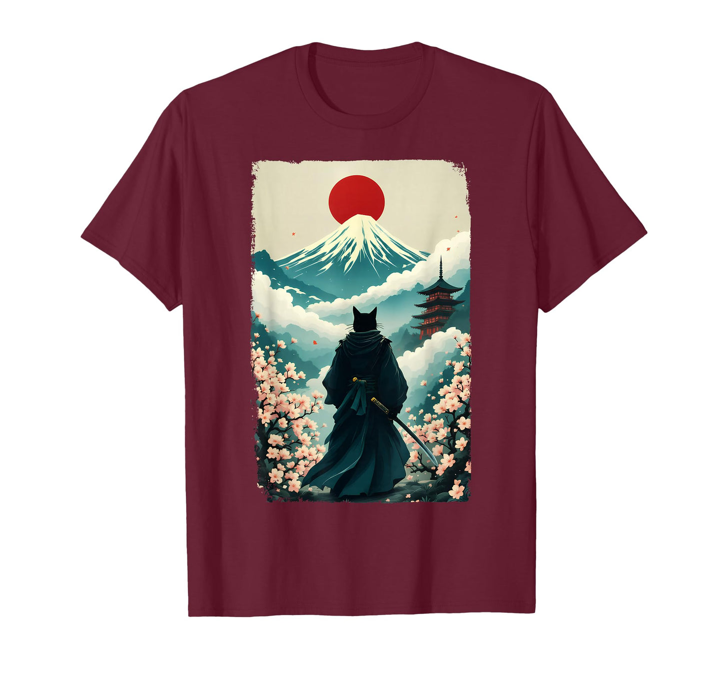 Samurai Cat Warrior Fuji Mount Vintage Japanese Art Graphic T-Shirt