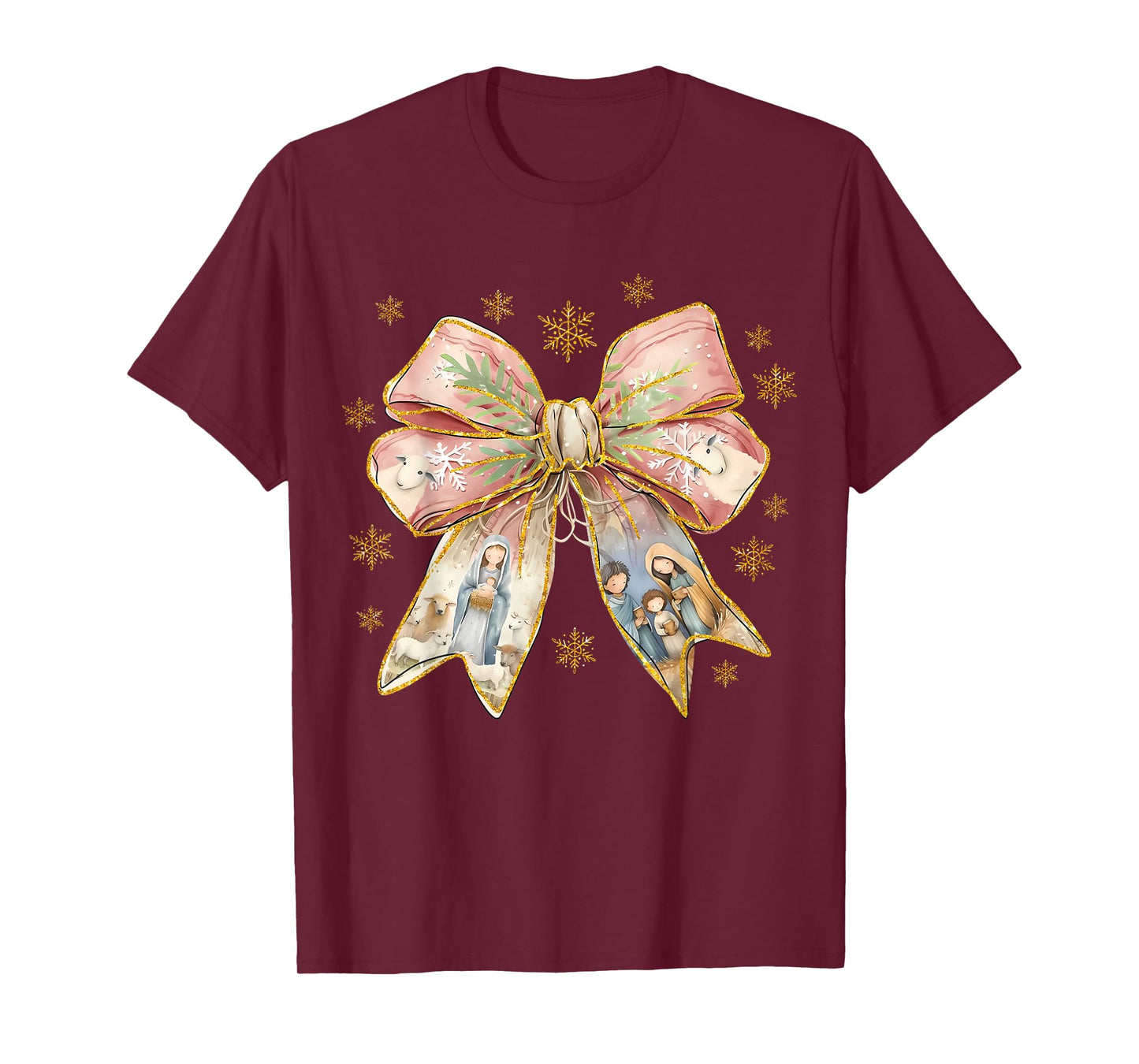 Jesus Christmas Coquette Bow Nativity Scene Christian Women T-Shirt