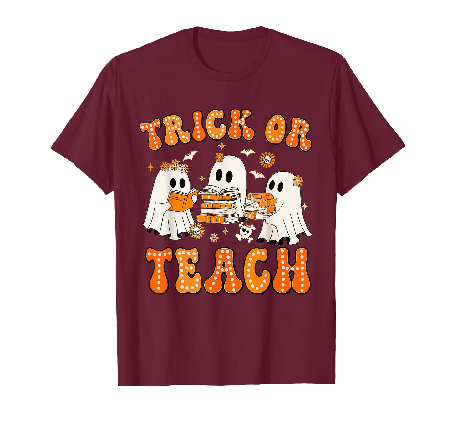 Teacher Halloween Trick or Teach Retro Groovy Floral Ghost T-Shirt