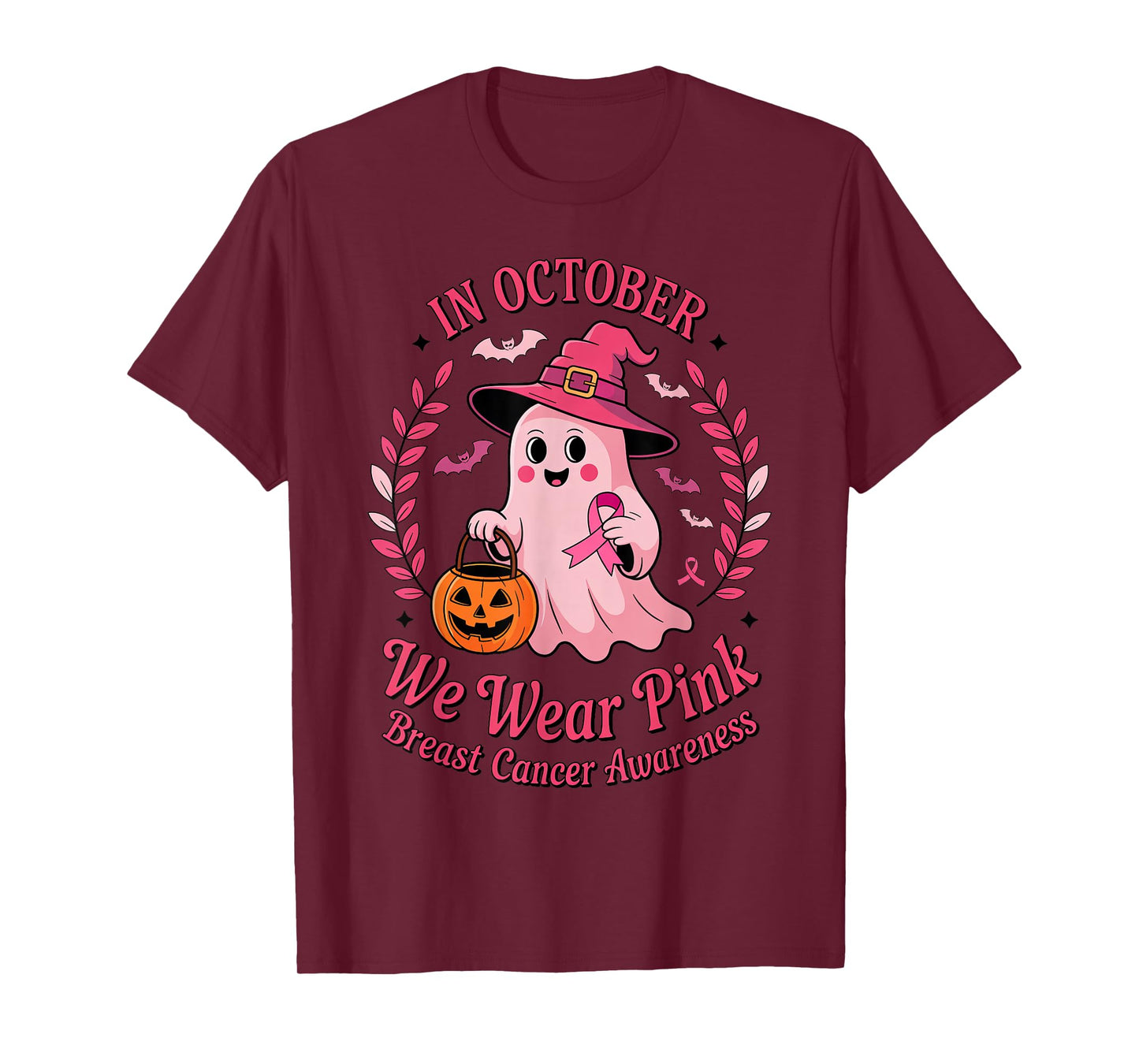Ghost Witch in October We Wear Pink Pumpkin Breast Cancer T-Shirt