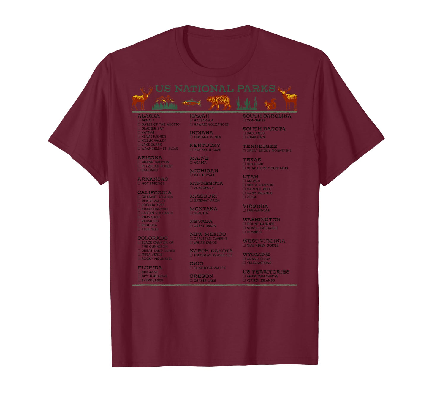 US National Parks Checklist List by State DESIGN ON BACK T-Shirt