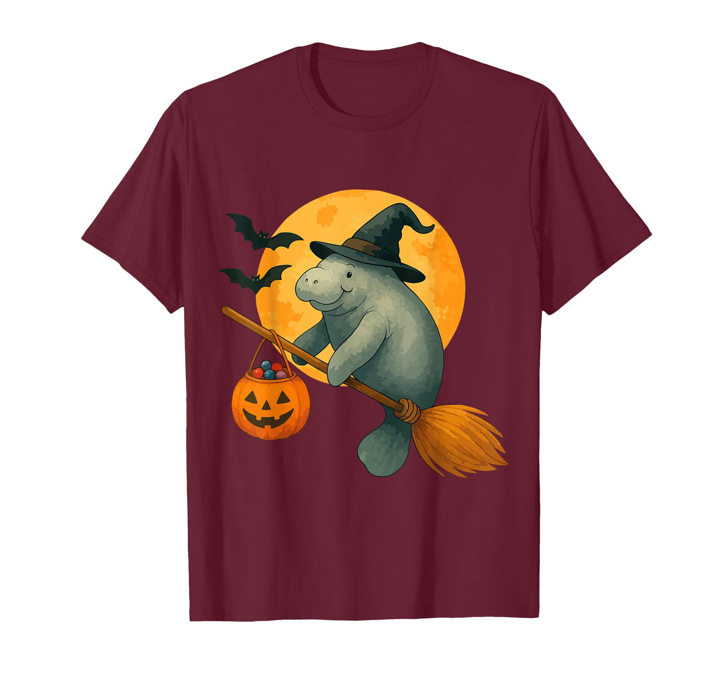 Spooky Halloween Manatee Witch Broom Pumpkin Moon Scary Fan T-Shirt