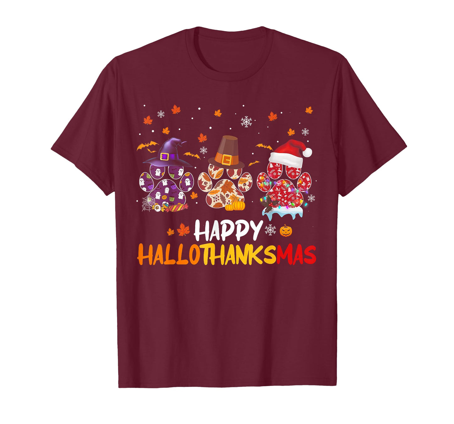 Happy HalloThanksMas Paw Funny Dog Lover Autumn Vibes T-Shirt