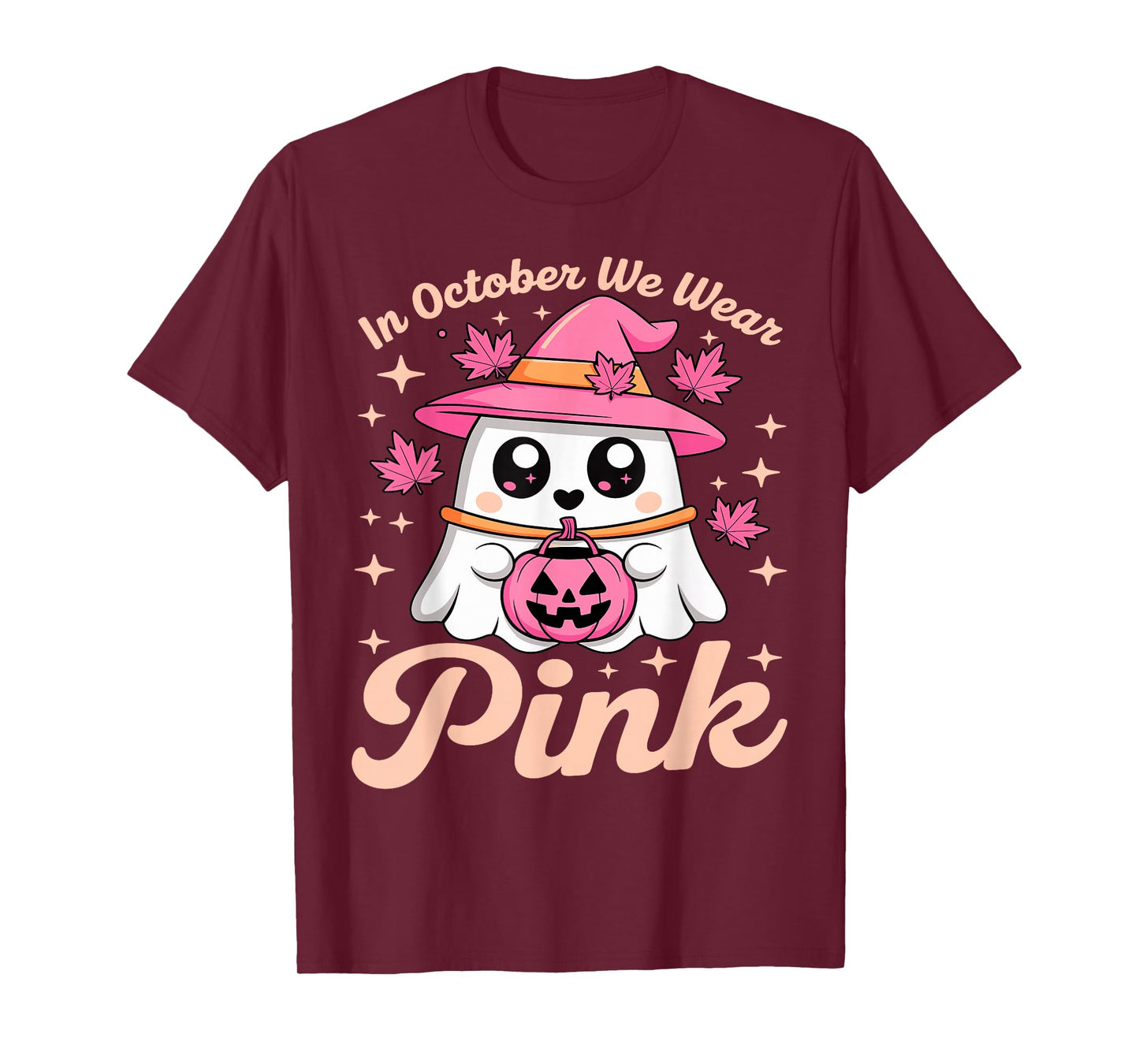 in October We Wear Pink Breast Cancer Awareness Witch Ghost T-Shirt