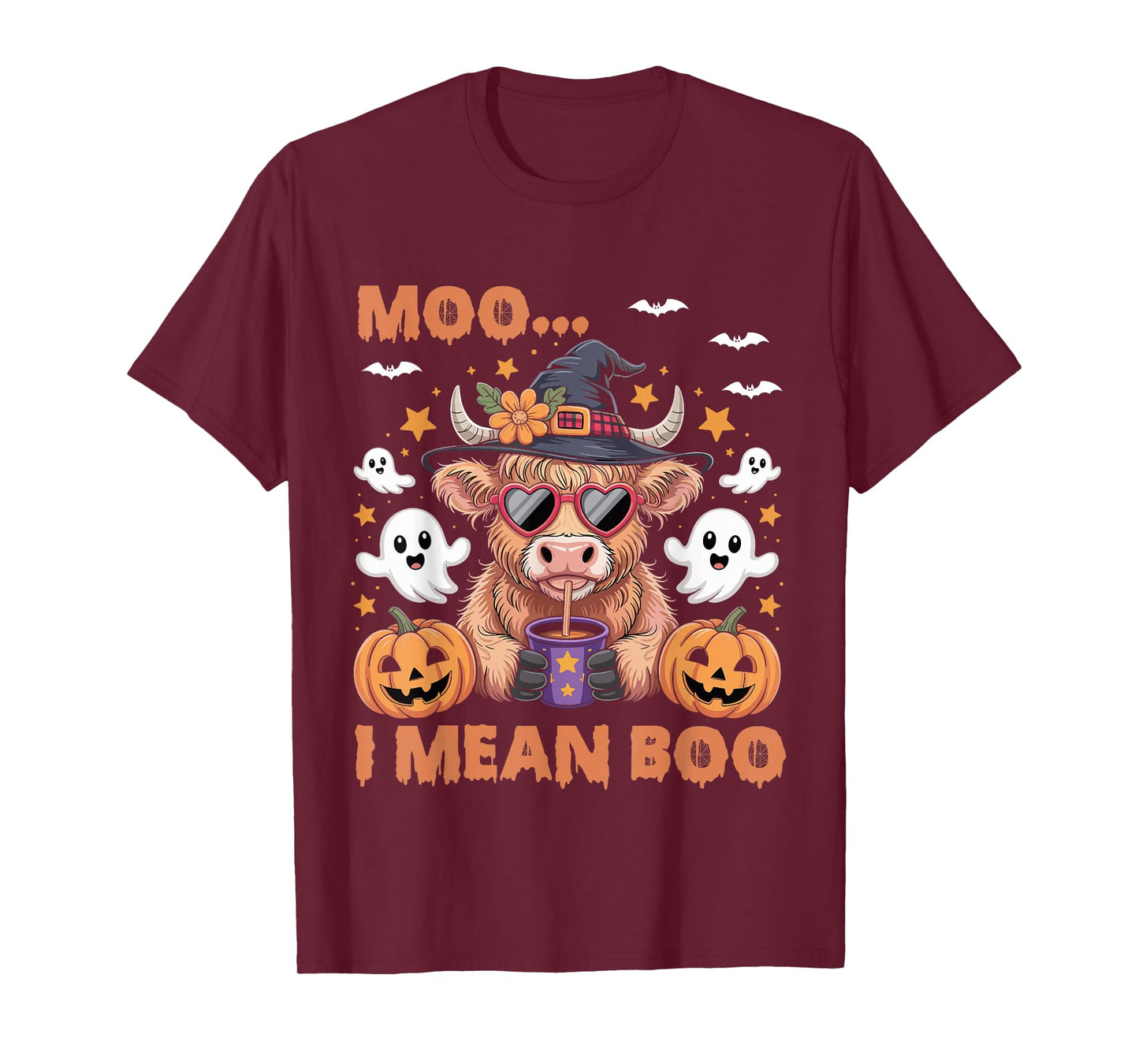 Moo I Mean Boo Witch Highland Cow Halloween Costume T-Shirt