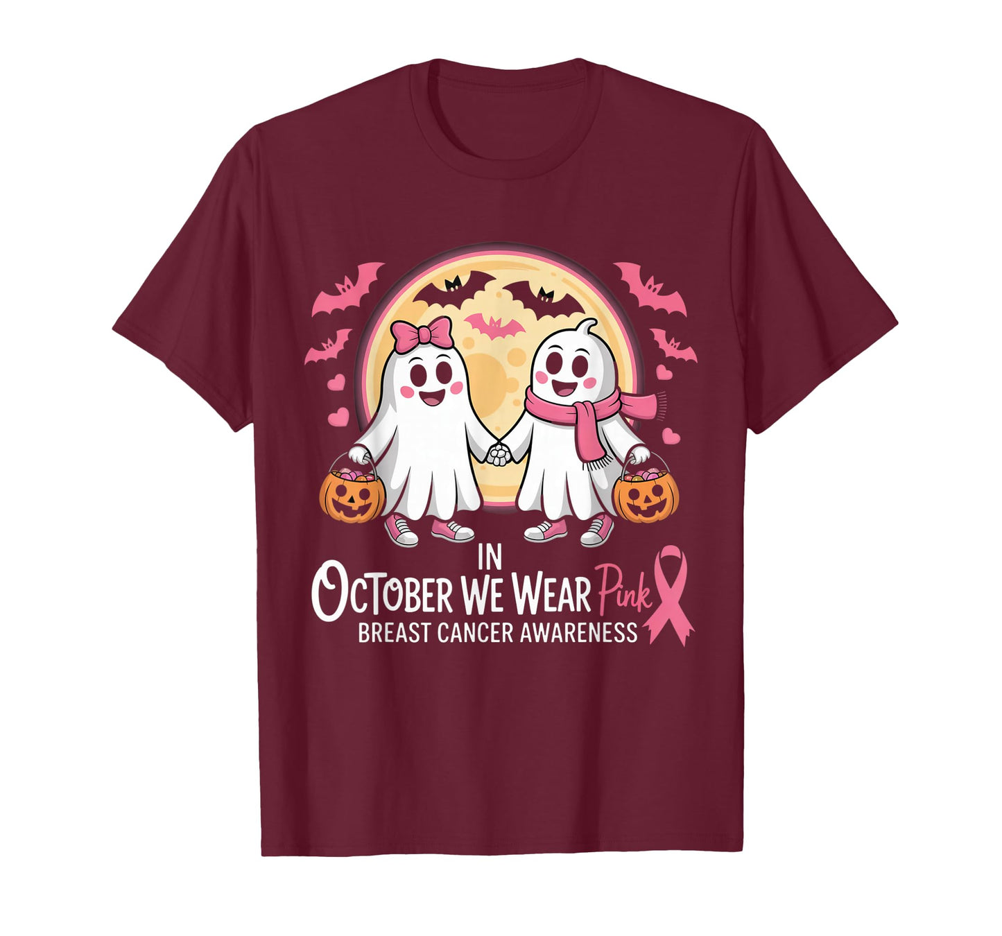 in October We Wear Pink Ghost Witch Breast Cancer Awareness T-Shirt