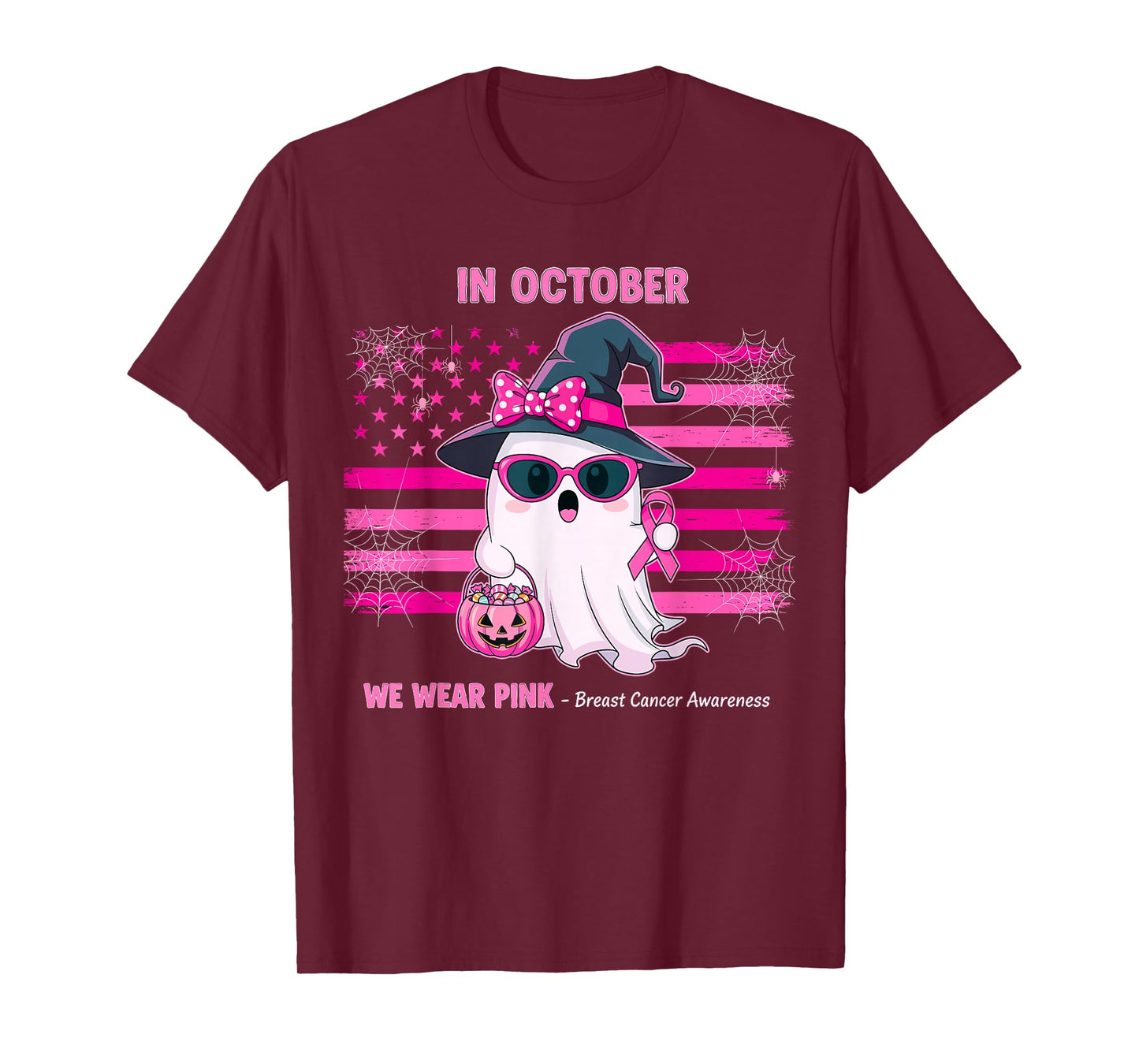 in October We Wear Pink Ghost Witch Breast Cancer Awareness T-Shirt