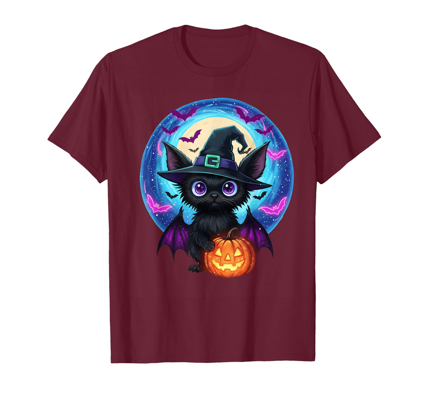 Cute bat Halloween Graphic Wearing Witch Hat with and Bats T-Shirt