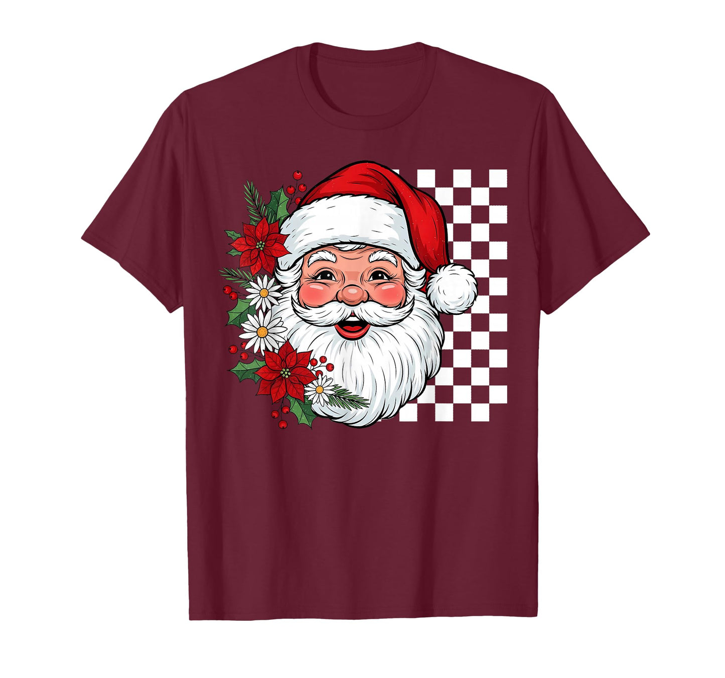 Vintage Santa Checkerboard Retro Floral Christmas Men Woman T-Shirt