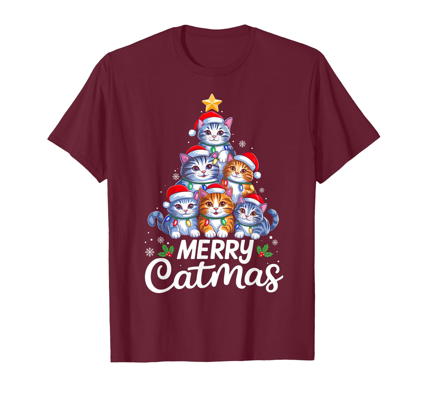 Merry Catmas Christmas Tree Lights Cat Kitten Santa Hat Xmas T-Shirt