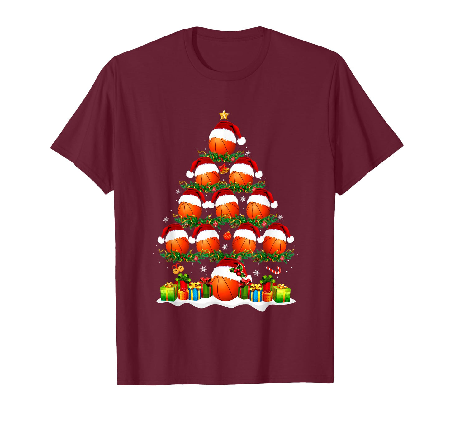 Basketball Christmas Tree Lights Funny Xmas Men Boys Kids T-Shirt