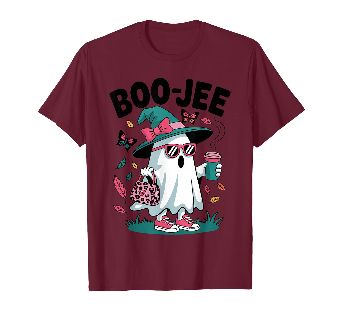 Boo-JEE Ghost Coffee Lover Leopard Print Halloween Witch Hat T-Shirt