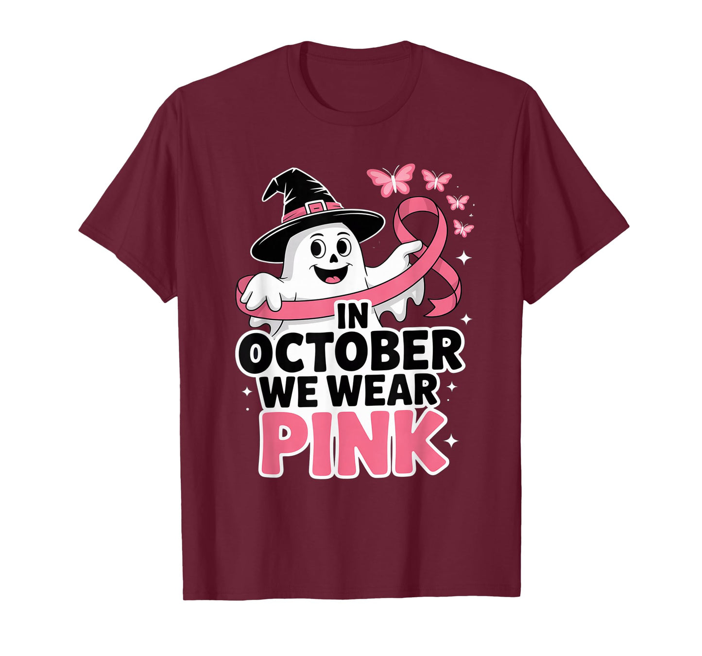 in October We Wear Pink Ghost Witch Breast Cancer Awareness T-Shirt