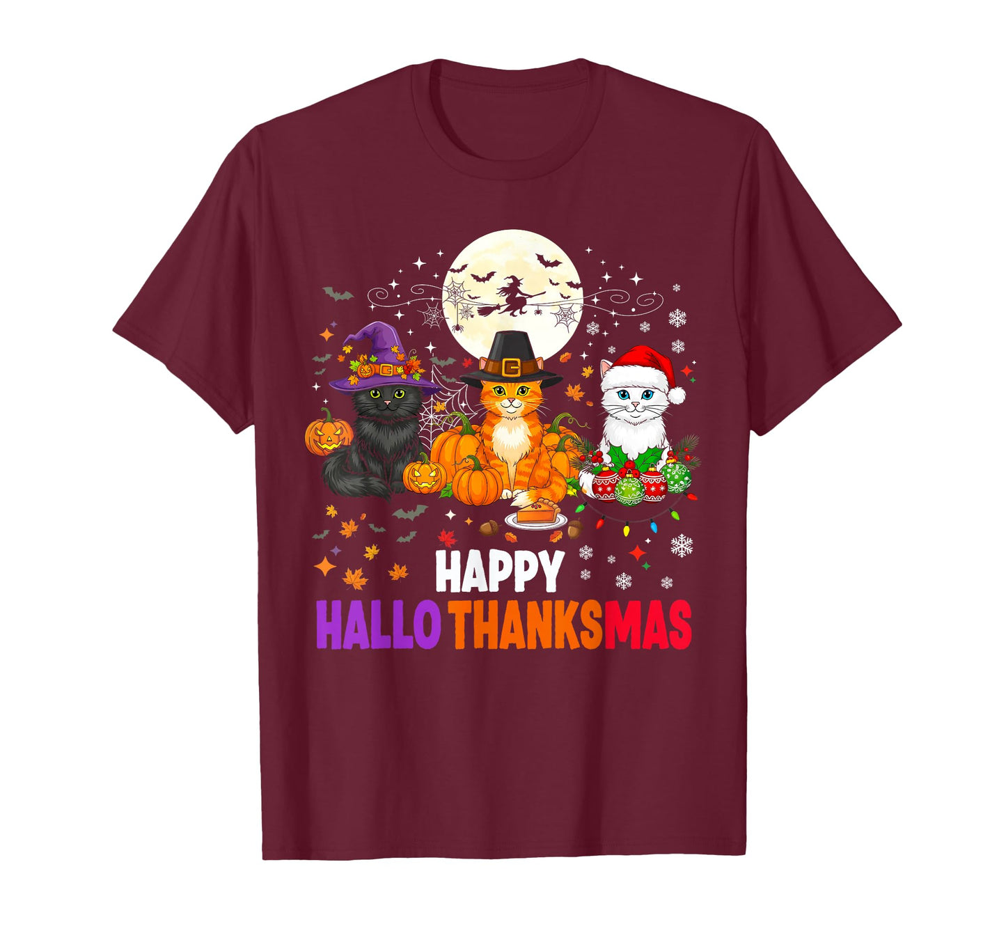 Happy HalloThanksMas Cats 2025 Funny Halloween Thanksgiving T-Shirt