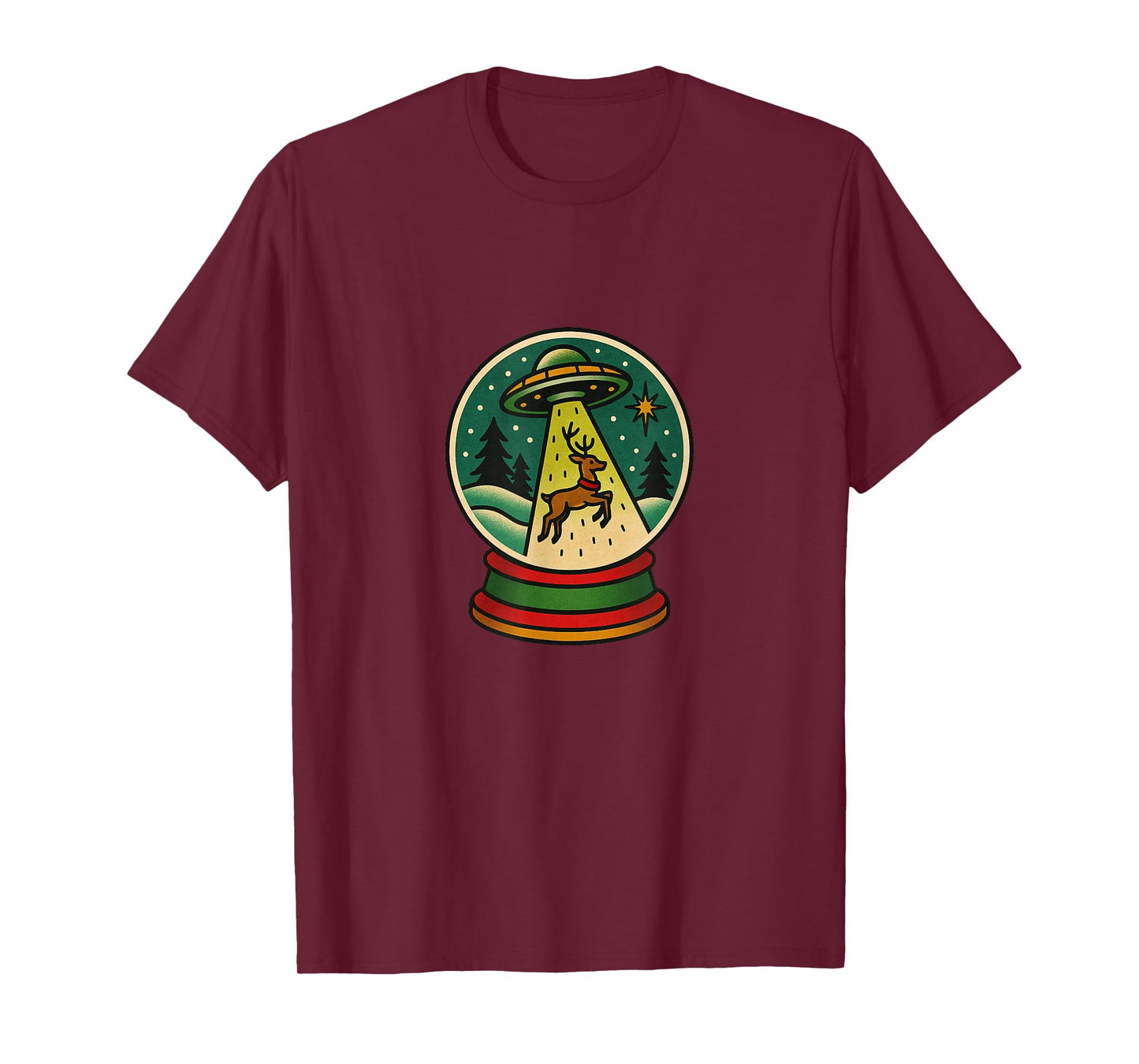 Snowglobe UFO Beaming Up Reindeer Funny Alien Christmas T-Shirt