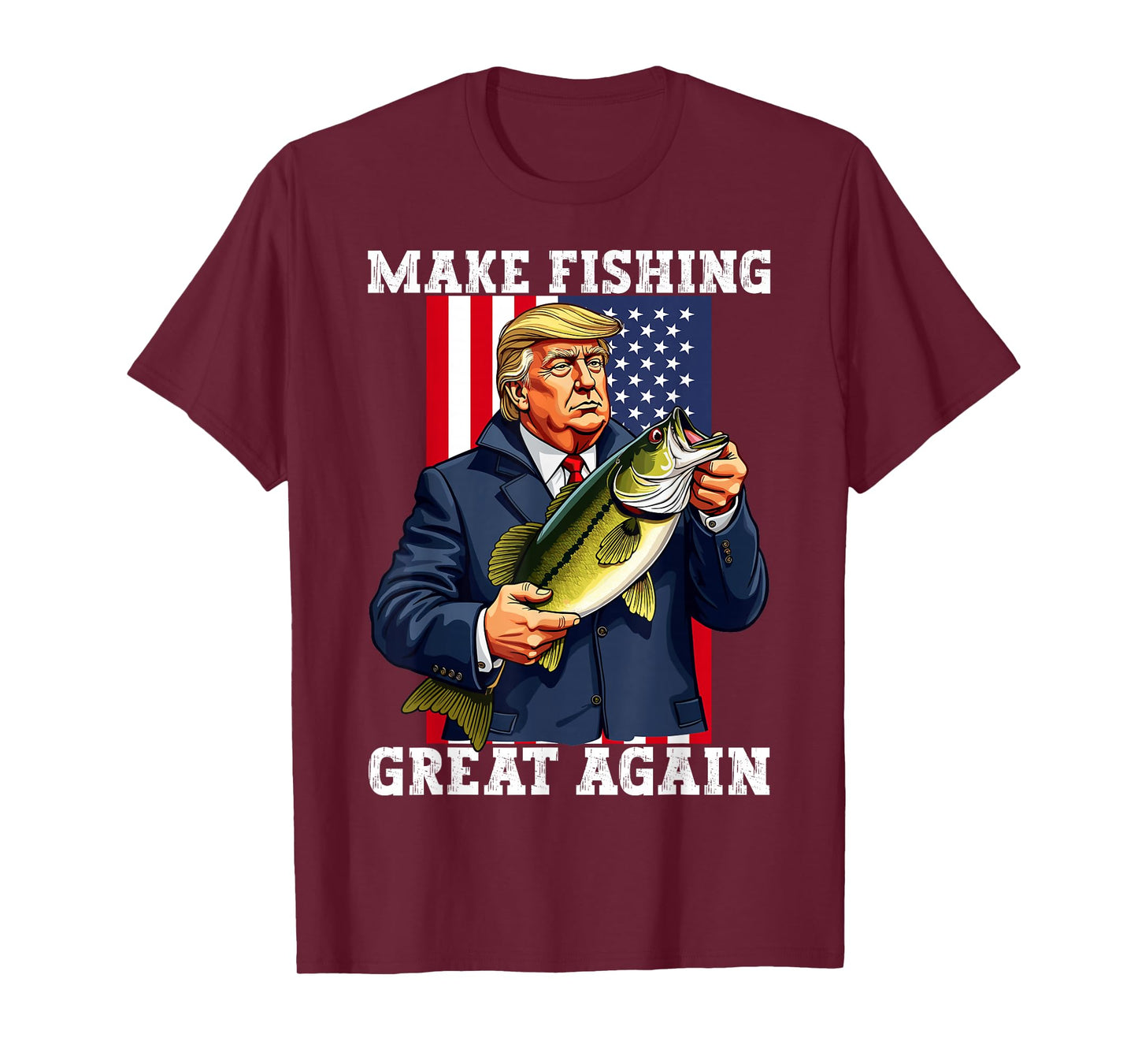 Patriotic Fisherman 'Make Fishing Great Again' Funny Bass Fishing Humor Trump T-Shirt - Black, Unisex-Adults, Short Sleeve, Classic Fit, Cotton Blend, Small