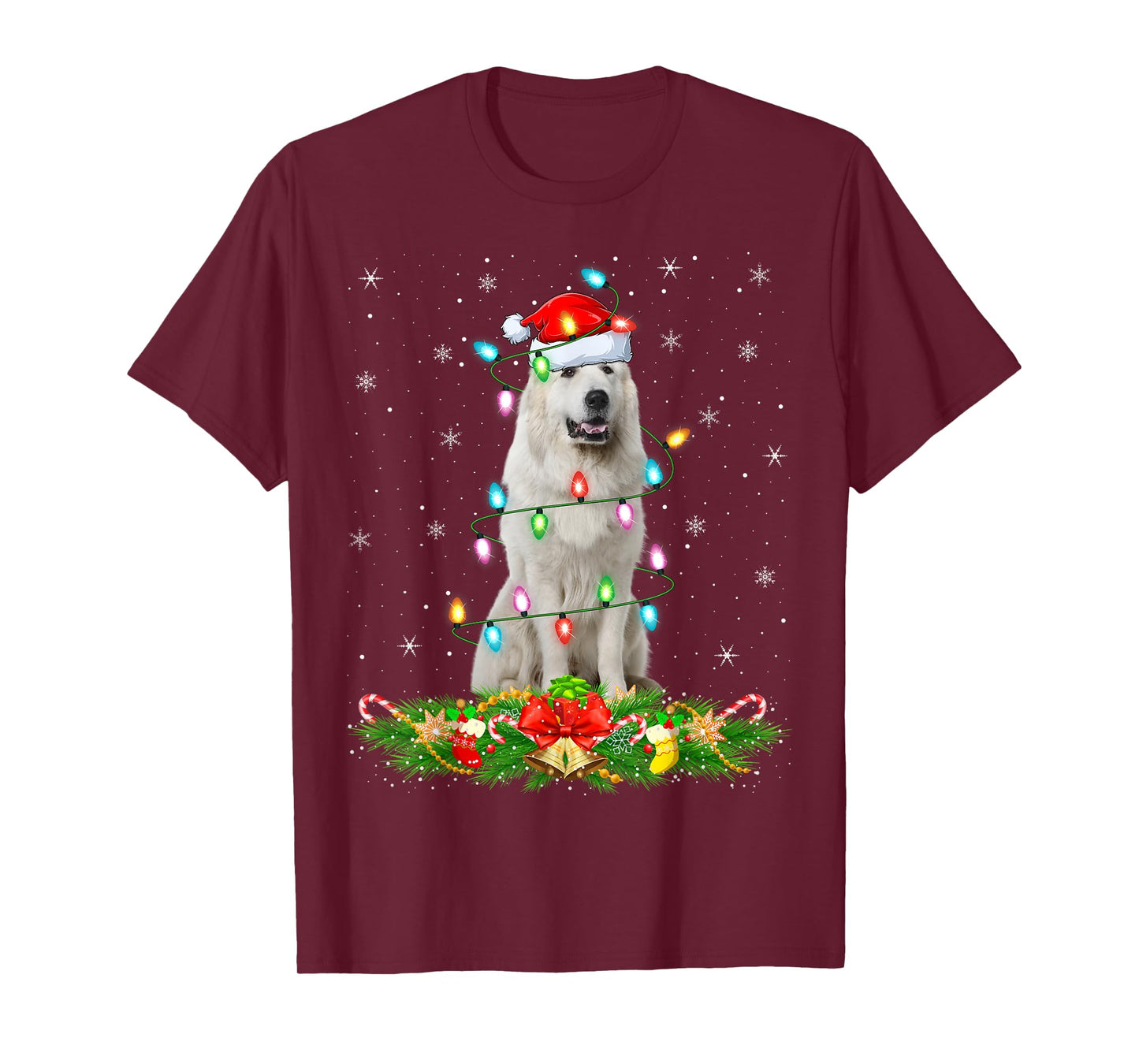 Great Pyrenees Dog Christmas Lights Funny Santa Hat Xmas T-Shirt