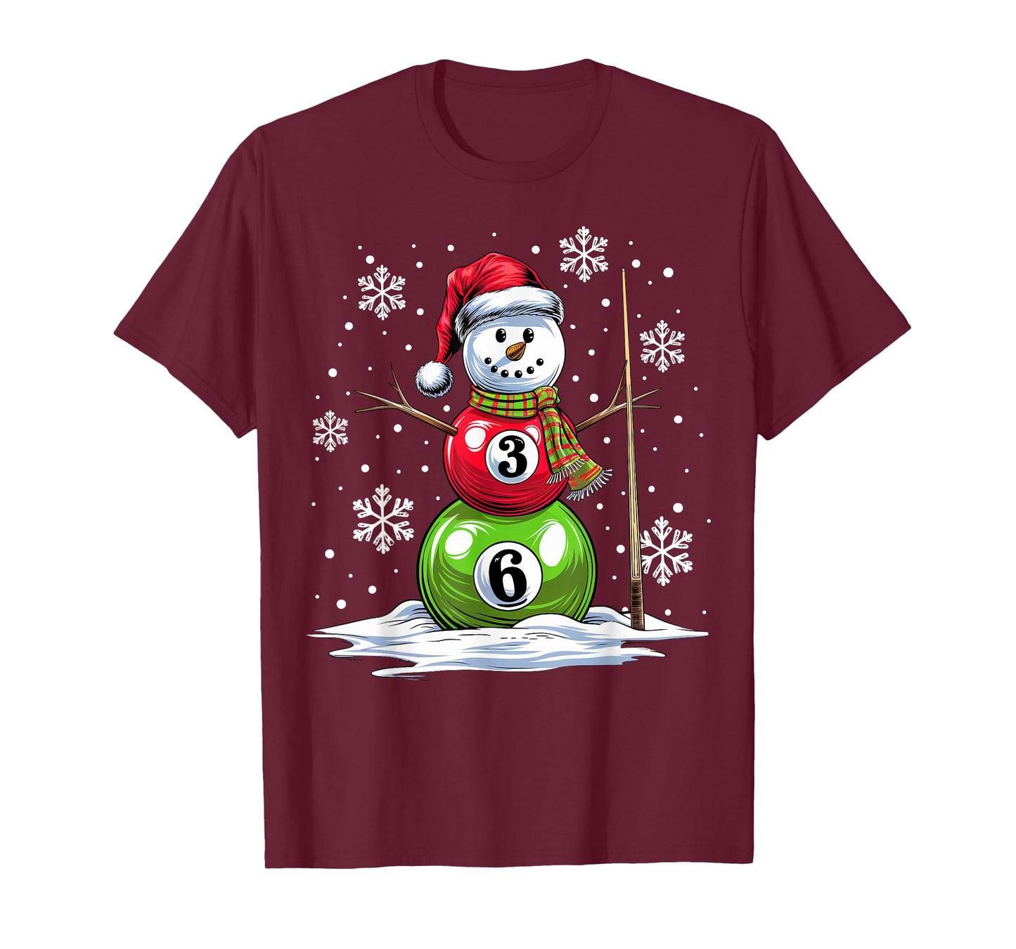 Pool Game Balls Snowman Billiards Player Funny Christmas T-Shirt