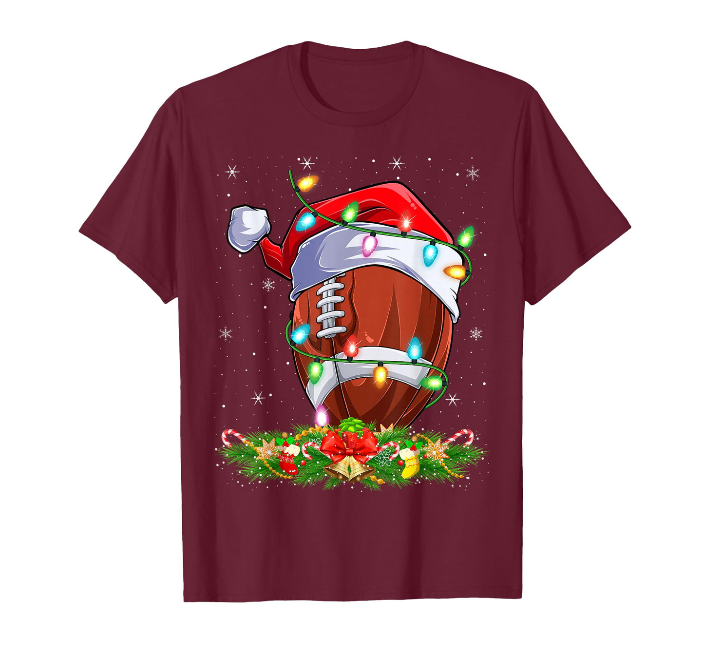Football Christmas Lights Funny Santa Hat Football Xmas T-Shirt
