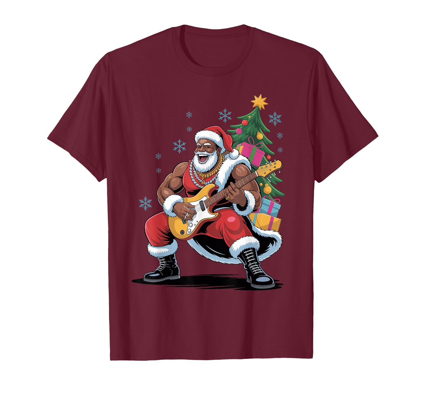 Afro Santa Playing Guitar African American Christmas Holiday T-Shirt