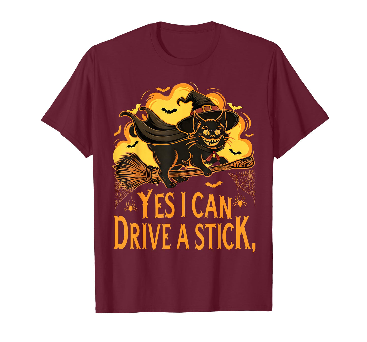 Black Cat Halloween Yes I Can Drive A Stick Funny Witch Cat T-Shirt