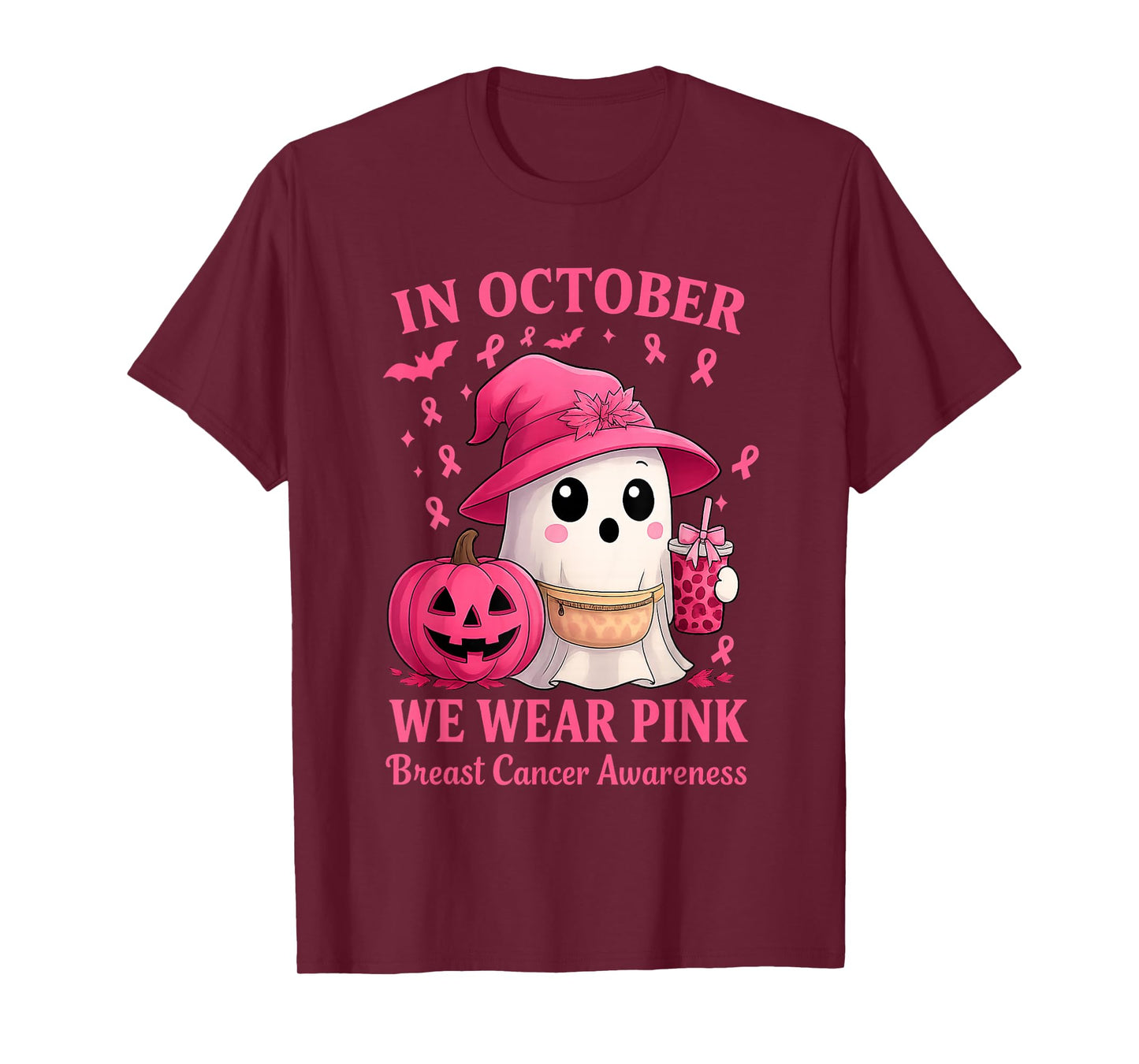 Breast Cancer Halloween in October We Wear Pink Ghost Witch T-Shirt
