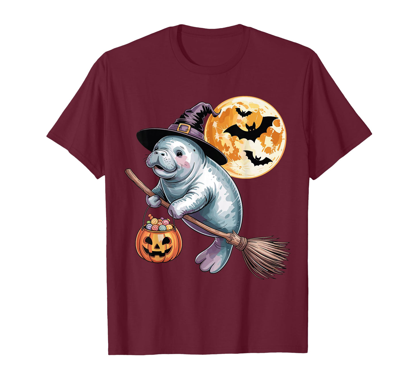 Witch Hat Manatee Riding Broomstick Halloween Pumpkin Candy T-Shirt