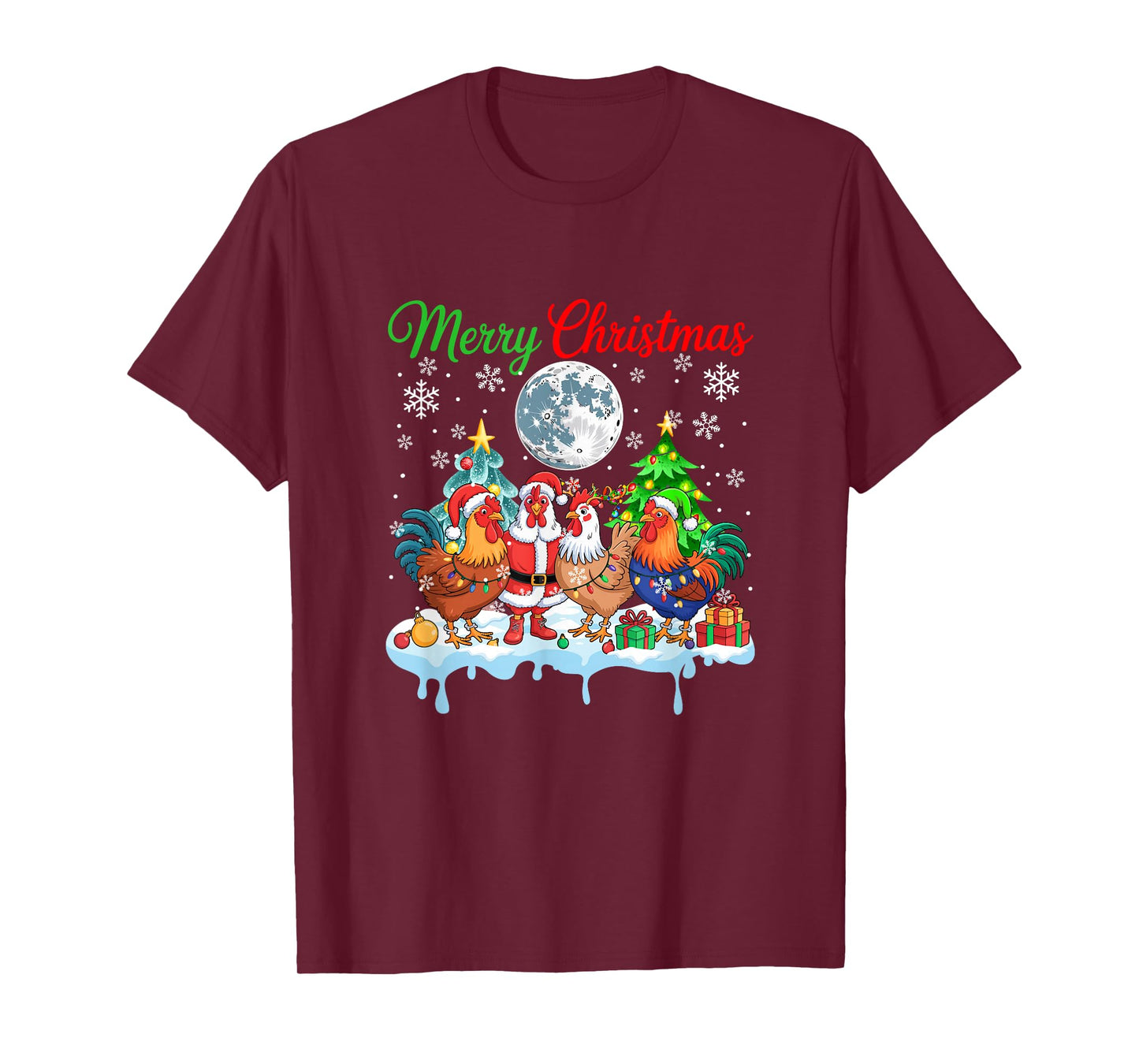 Merry Christmas Snow Group Santa Elf Reindeer Chickens Farm T-Shirt
