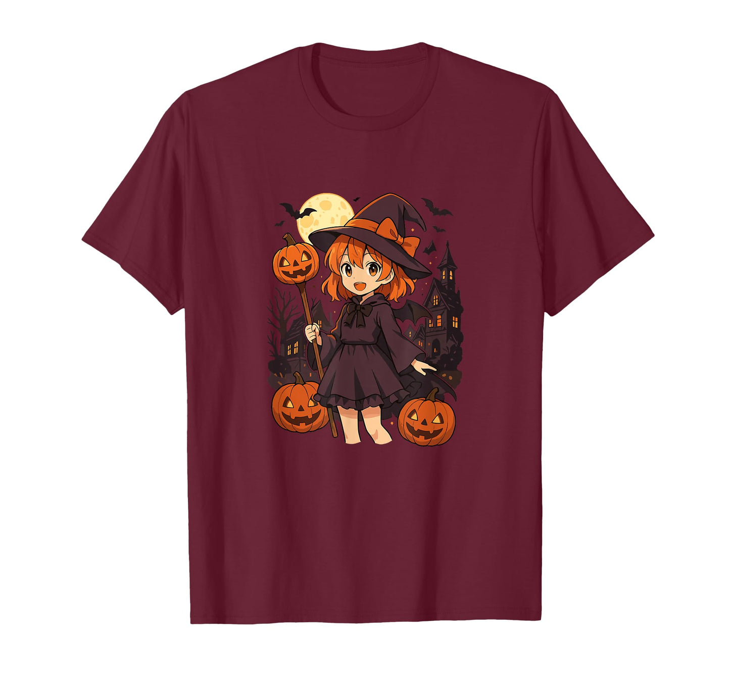 Cute Anime Witch with Pumpkins and Haunted Scary House T-Shirt