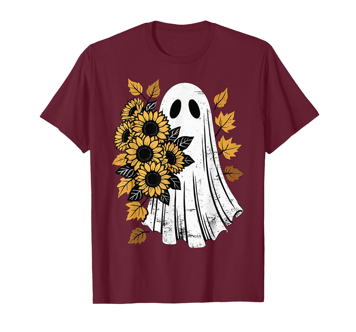 Vintage Halloween Ghost with Sunflowers Autumn Leaves Spooky T-Shirt