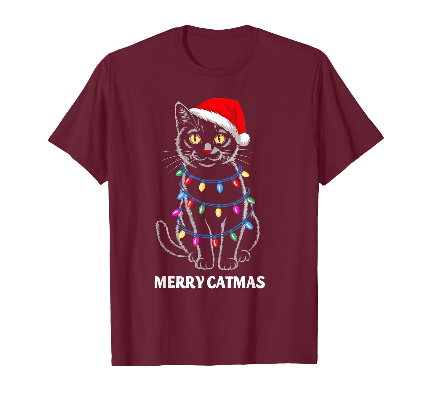 Merry Catmas Christmas Lights Black Cat Santa Xmas Pajamas T-Shirt