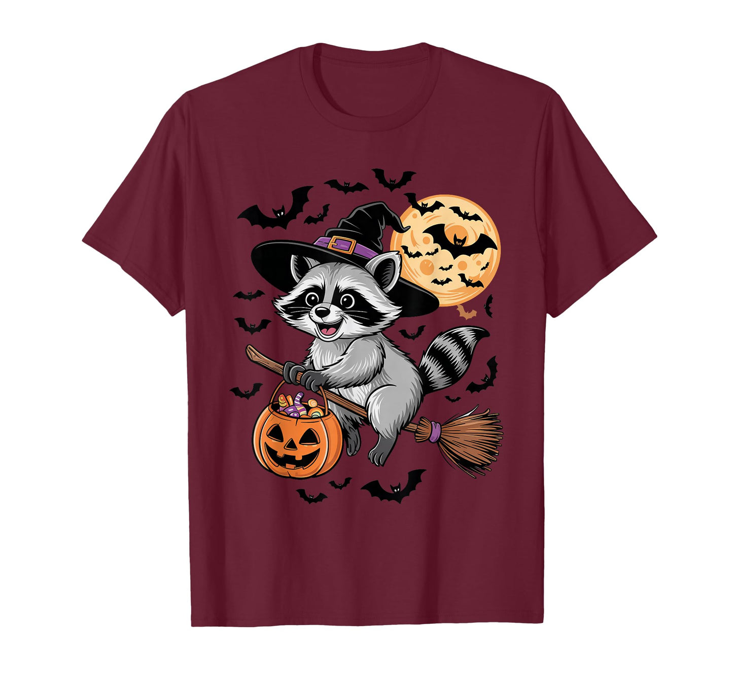 Cute Raccoon Halloween Witch Hat Jack-o-Lantern Candy Bucket T-Shirt