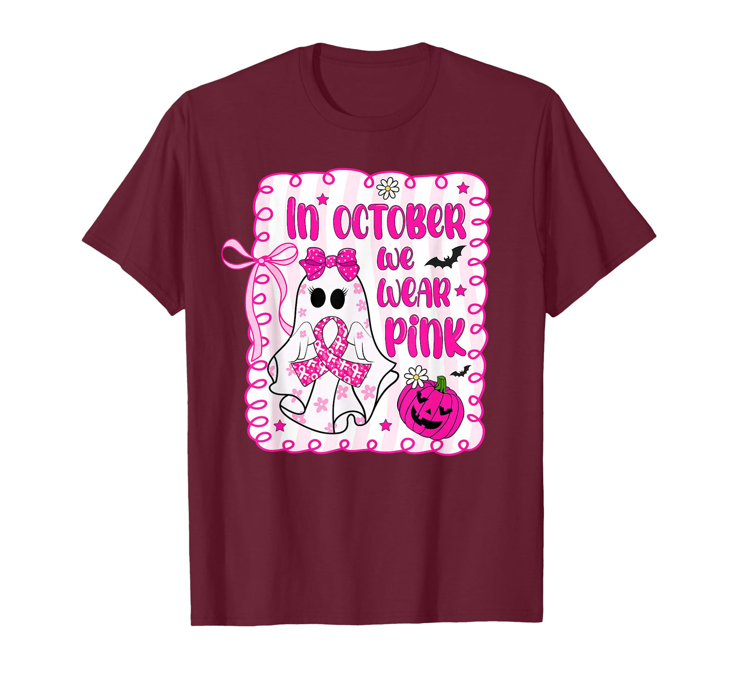 in October We Wear Pink Ghost Witch Breast Cancer Awareness T-Shirt