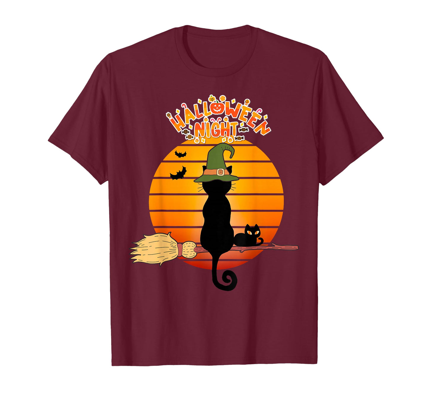 Vintage Halloween Scary Black Cat Witch Hat Moon Witchy T-Shirt