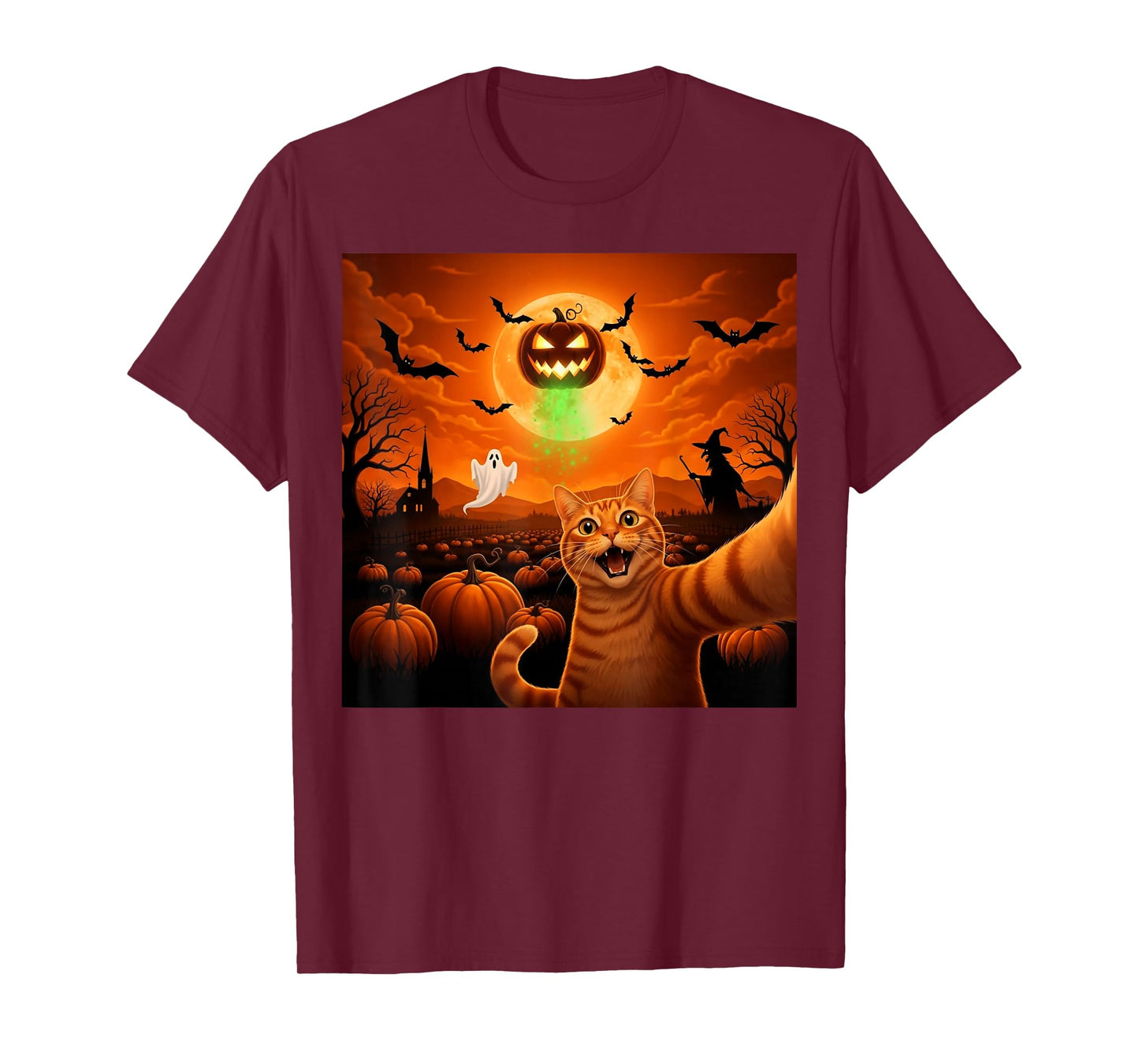 Halloween Cat Selfie Pumpkin Moon Scene T-Shirt