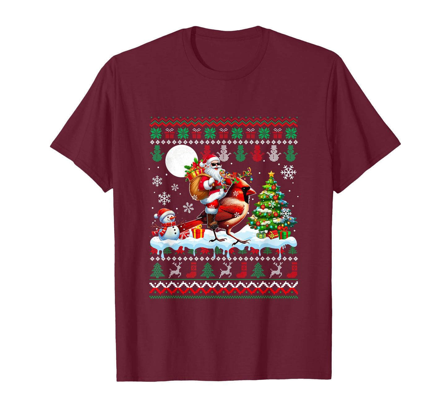Santa Riding Reindeer Cardinal Bird Sweater Xmas Tree Snowma T-Shirt