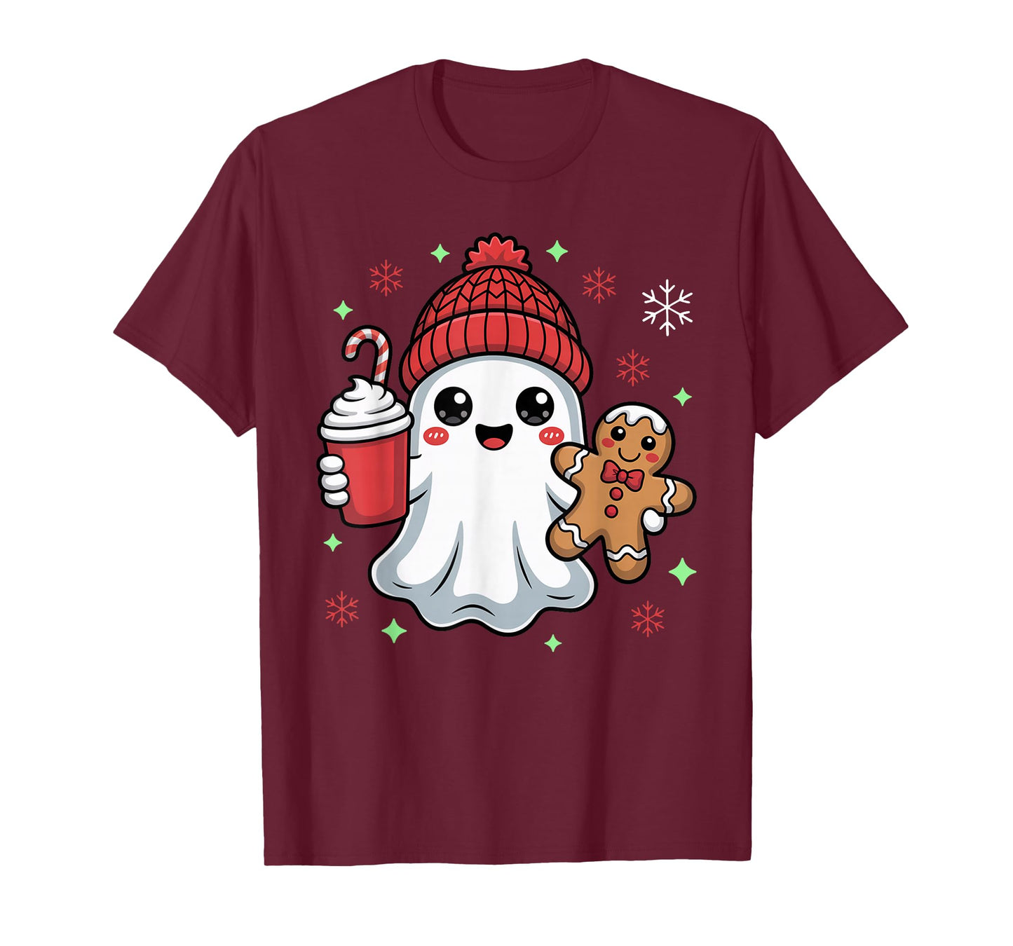 Retro Ghost Beanie Christmas Holiday Xmas Coffee Gingerbread T-Shirt