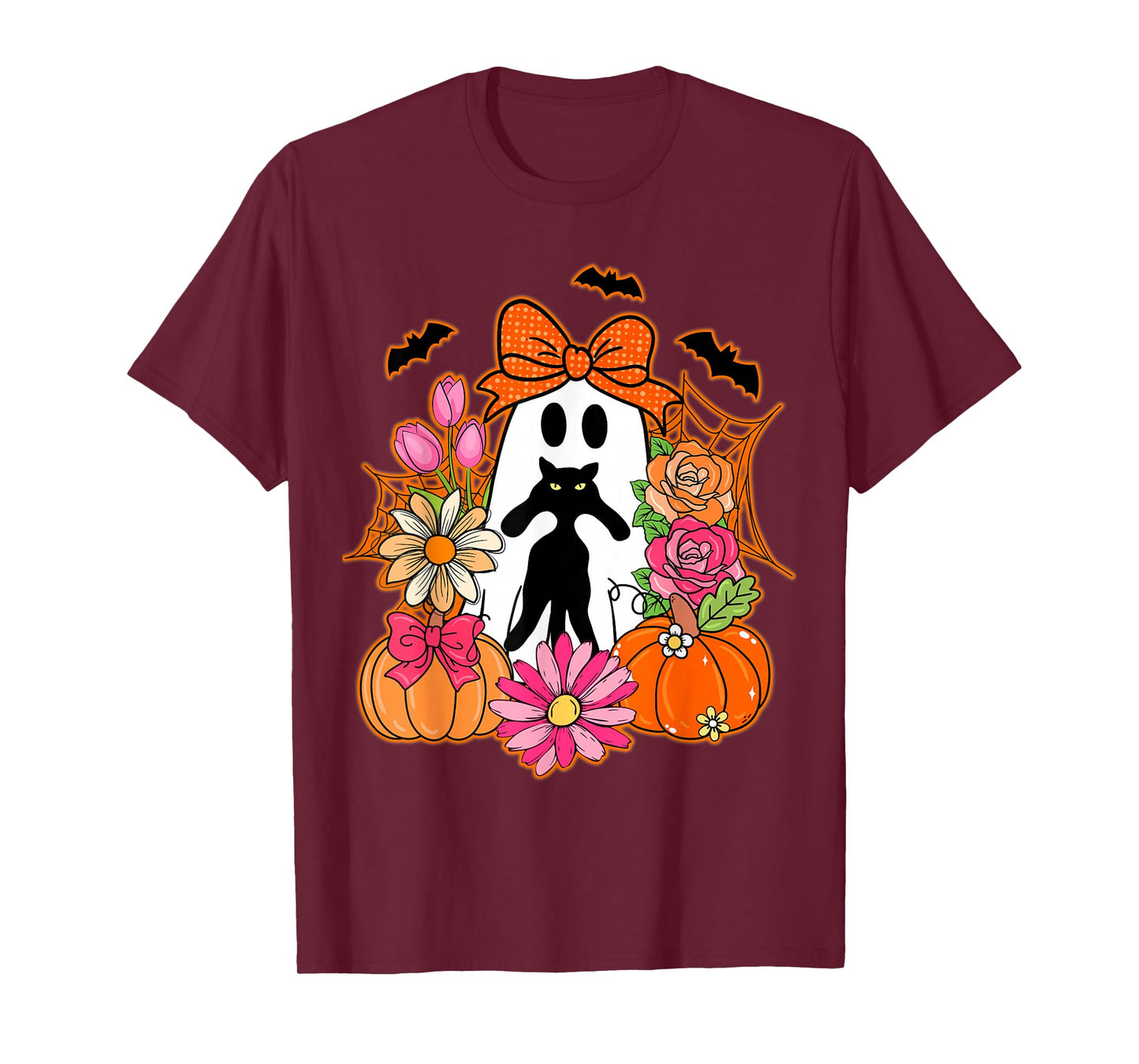 Halloween Ghost Holding Black Cat Groovy Floral T-Shirt