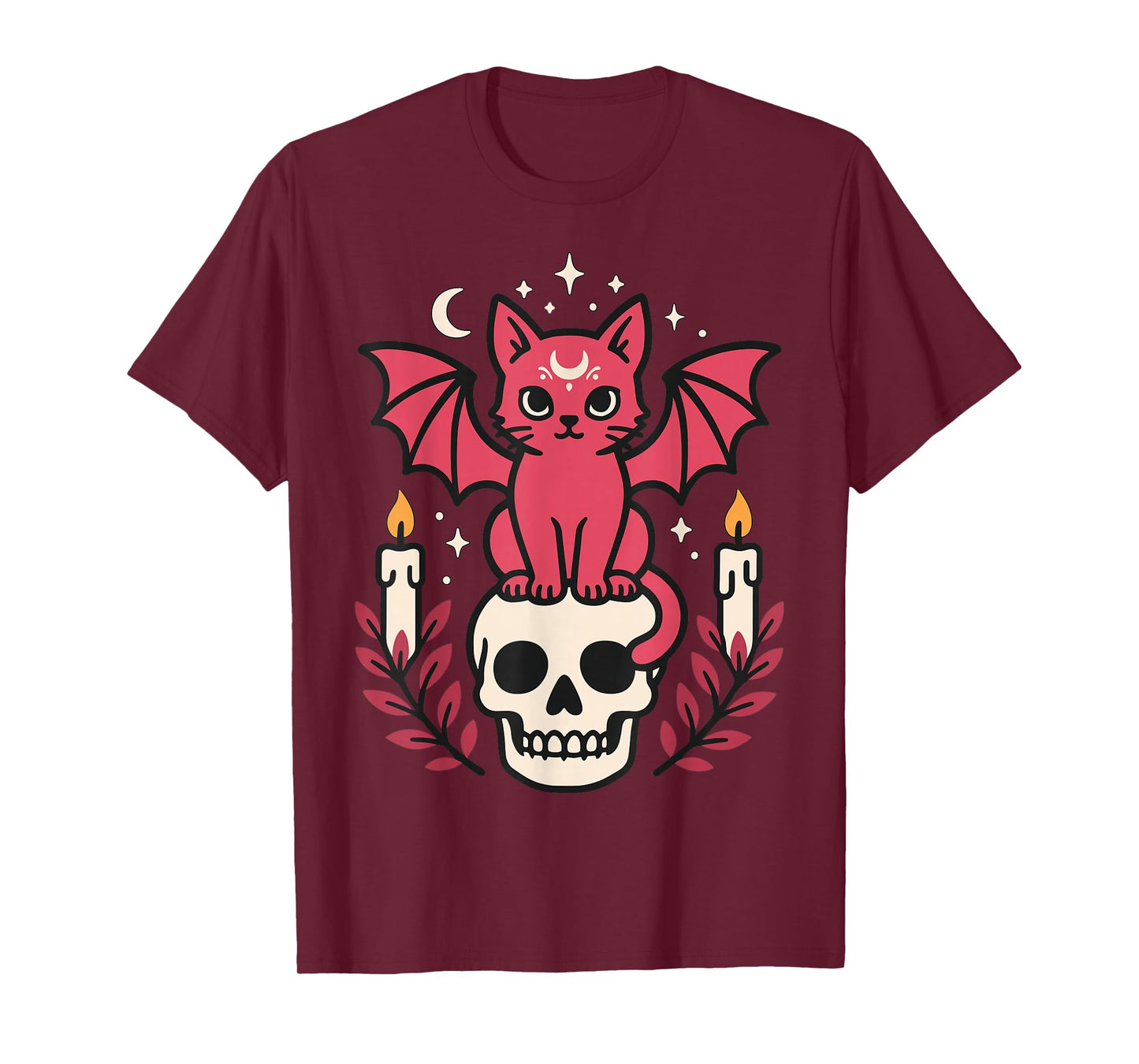 Bat Cat Skull Candle Gothic Halloween Cute Witch Vibes T-Shirt