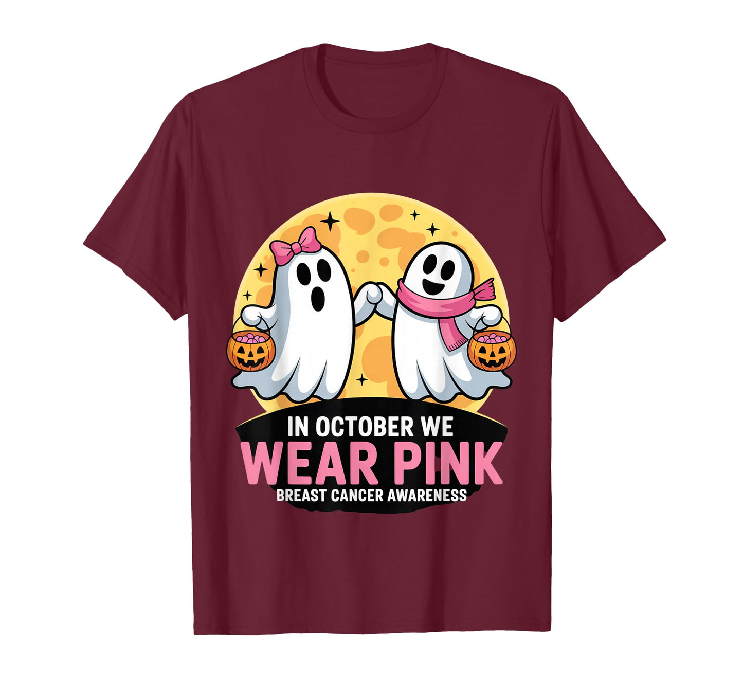 in October We Wear Pink Ghost Witch Breast Cancer Awareness T-Shirt